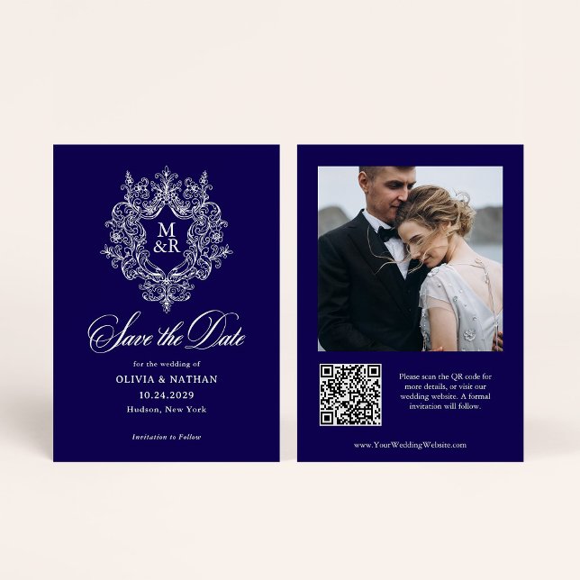 Formal Antique Crest Dark Blue | Photo and QR Code Save The Date (Creator Uploaded)
