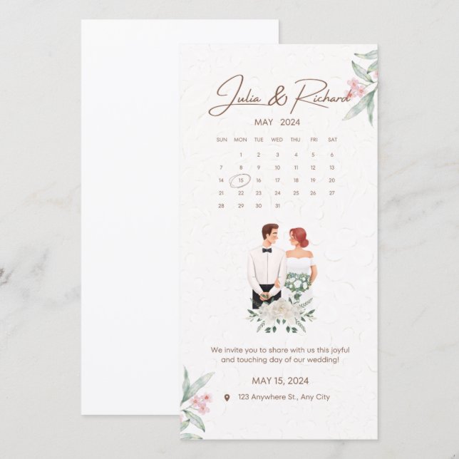 Formal Beige and Green Floral Wedding invitation (Front/Back)