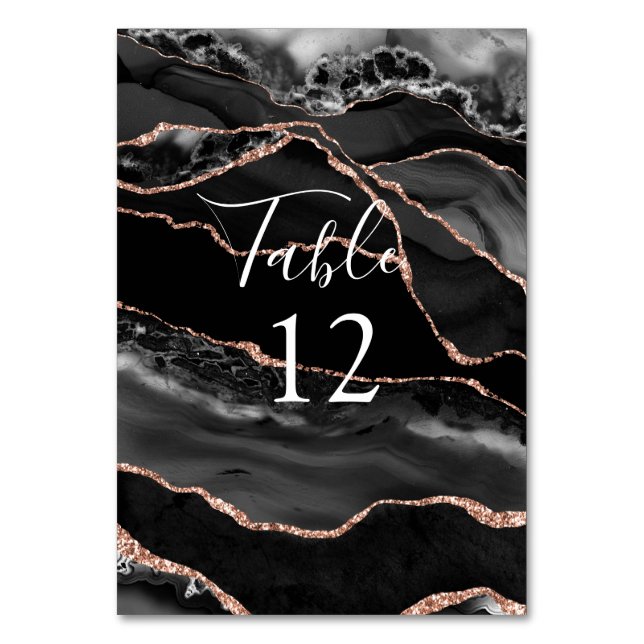 Formal Black Agate Rose Gold Glitter Table Card (Front)