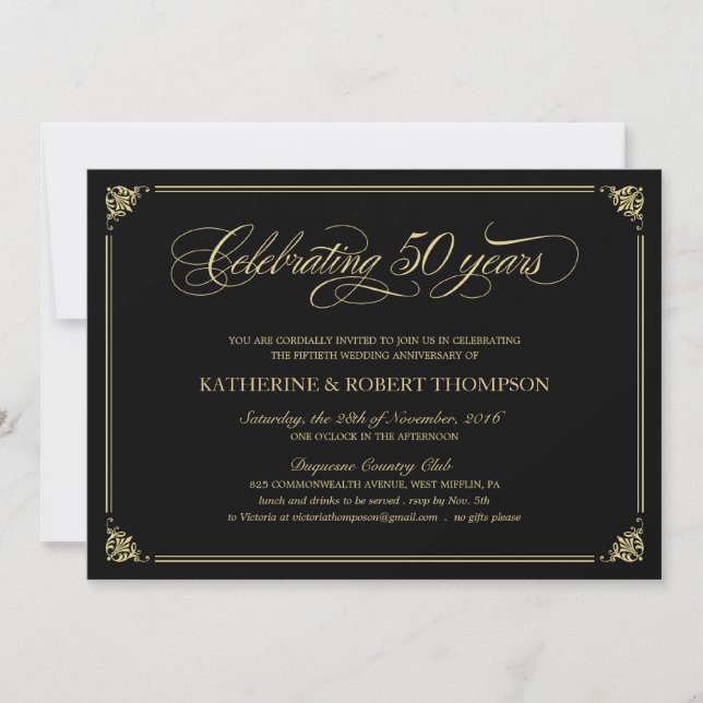 Formal Black and Gold 50th Anniversary Invitations (Front)
