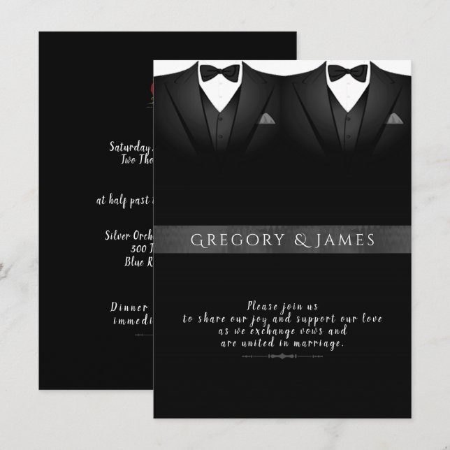 Formal Black and Grey Red Roses Gay Wedding Invitation (Front/Back)