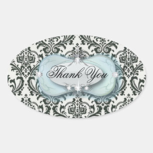 formal black and white damask wedding oval sticker