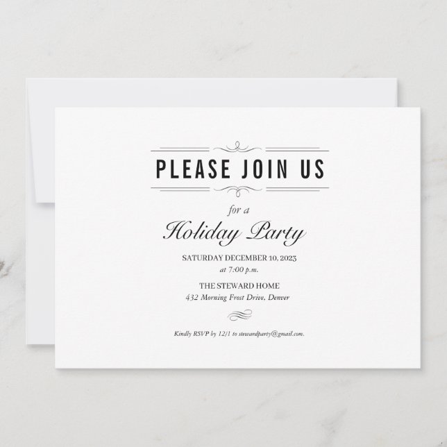 Formal Black and White Holiday Party Invitation (Front)