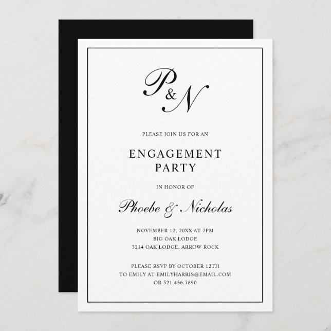 Formal Black and White Monogram Engagement Party Invitation (Front/Back)