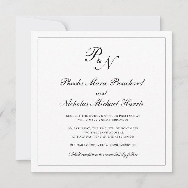 Formal Black and White Monogram Square Wedding Invitation (Front)