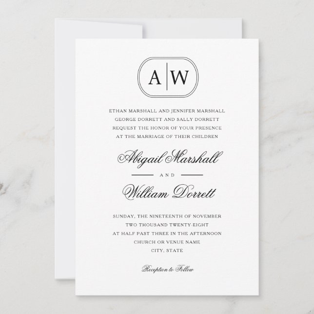 Formal Black and White Monogram Wedding Invitation (Front)