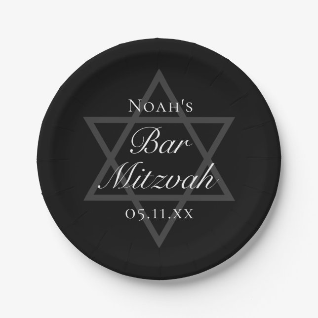 Formal Black Bar Mitzvah Star of David Custom Paper Plate (Front)