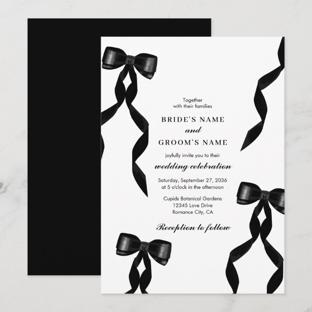 Formal Black Bow Ribbon Elegant Wedding Invitation (Front/Back)