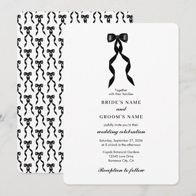 Formal Black Bow Ribbon Elegant Wedding Invitation (Front/Back)