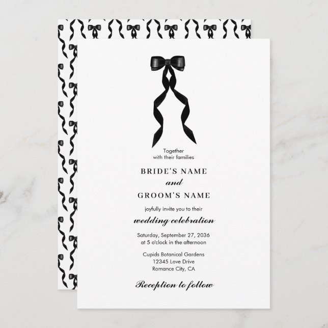 Formal Black Bow Ribbon Elegant Wedding Invitation (Front/Back)