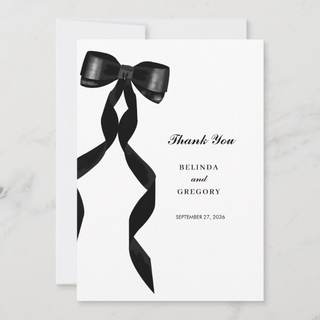 Formal Black Bow Ribbon Elegant Wedding Thank You Card (Front)