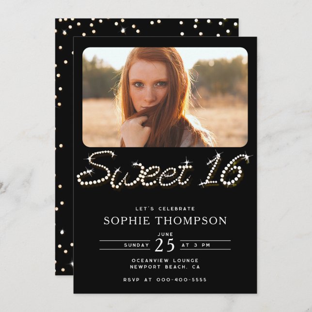 Formal Black Classy Rhinestones Sweet 16 Photo Invitation (Front/Back)