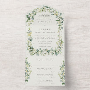 Formal Black/Cream Snowberry+Eucalyptus Wedding All In One Invitation