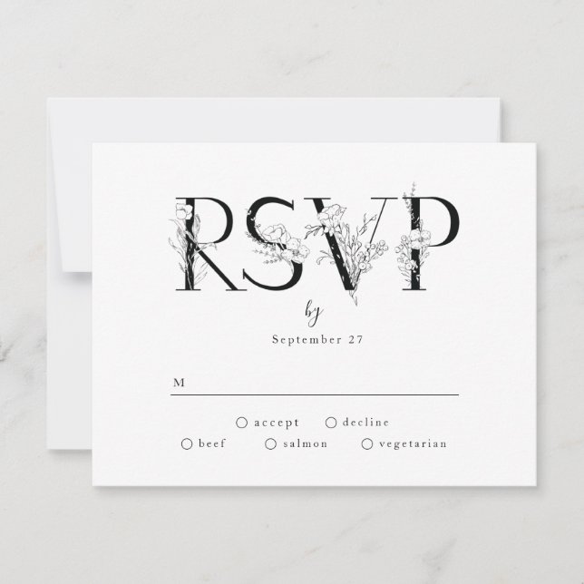 Formal Black Floral Letters Wedding RSVP Response (Front)