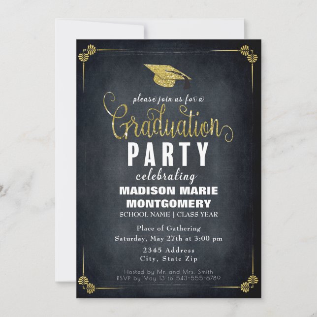 Formal Black/Gold Gaduation Party Invitation (Front)
