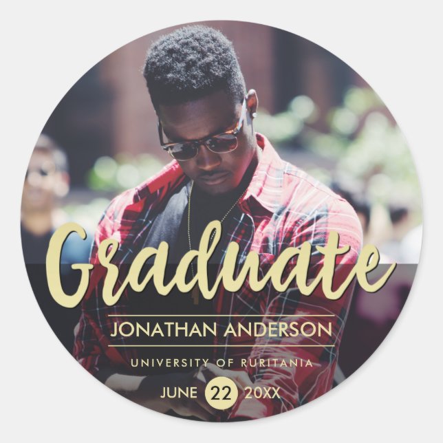 Formal Black & Gold Graduation Party | Photo Classic Round Sticker (Front)