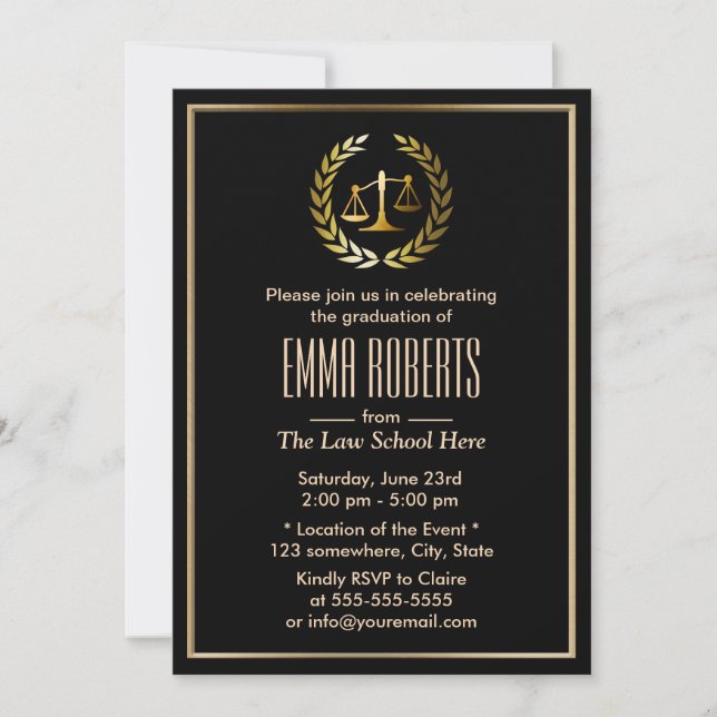 Formal Black & Gold Law School Graduation Invitation (Front)