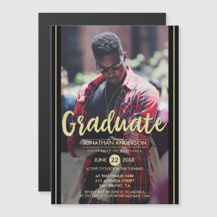 Formal Black & Gold Stripes & Script Grad Photo Magnetic Invitation