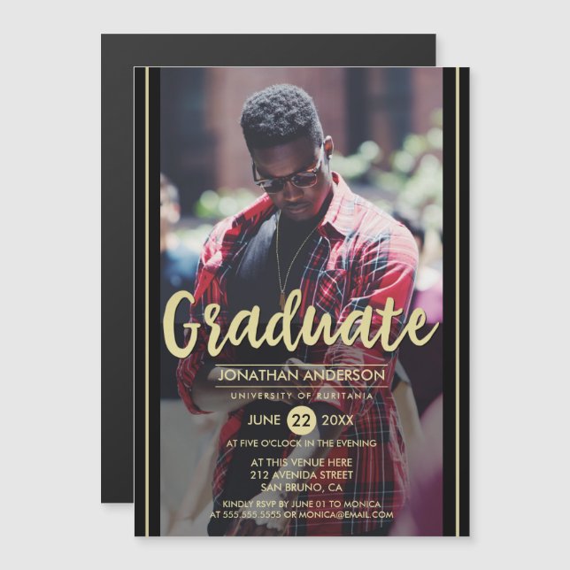 Formal Black & Gold Stripes & Script Grad Photo Magnetic Invitation (Front/Back)