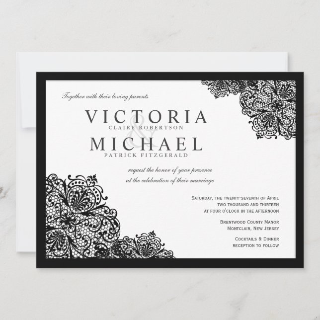 Formal Black Lace Square Wedding Invitations (Front)