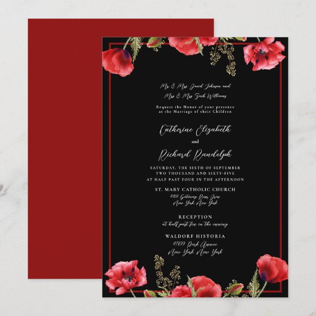 Formal Black & Red Floral Wedding Invitation (Front/Back)