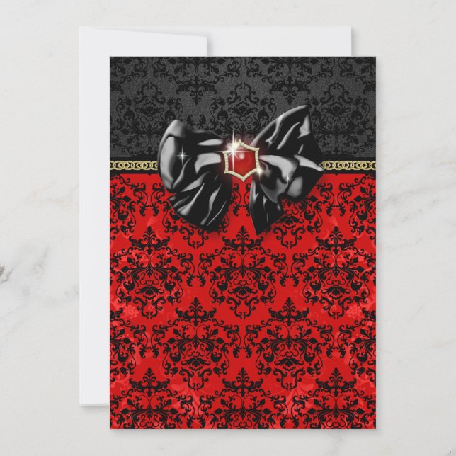 Formal black red gold damask party invitation (Front)