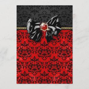 Formal black red gold damask party invitation