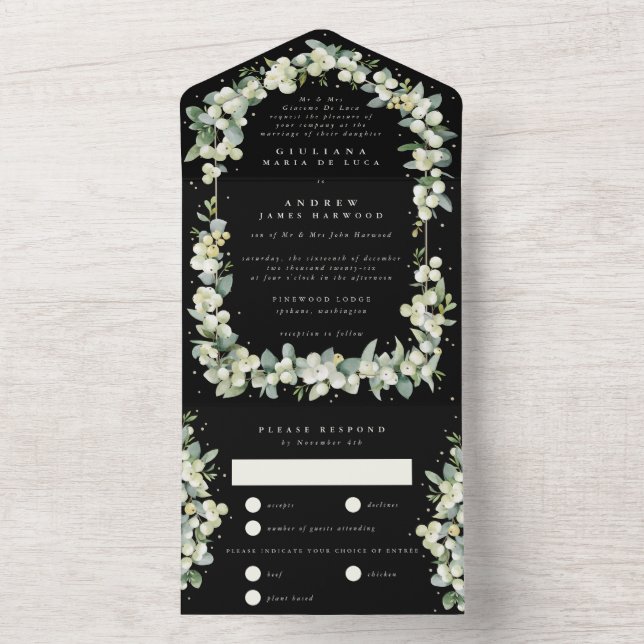 Formal Black Snowberry+Eucalyptus Wedding All In One Invitation (Inside)