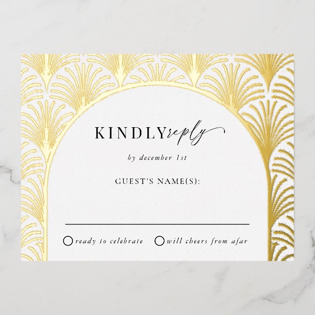 Formal Black Tie Gold Art Deco Wedding RSVP Foil Invitation Postcard (Front)