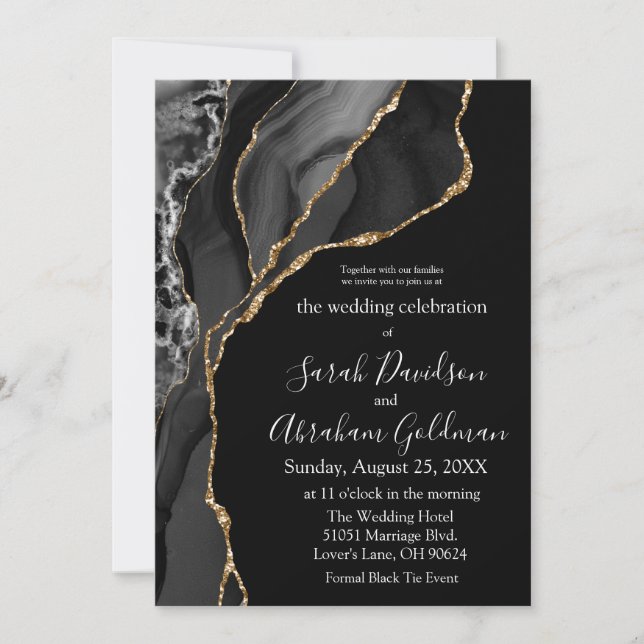 Formal Black Tie Wedding Invitations - Black Gold (Front)