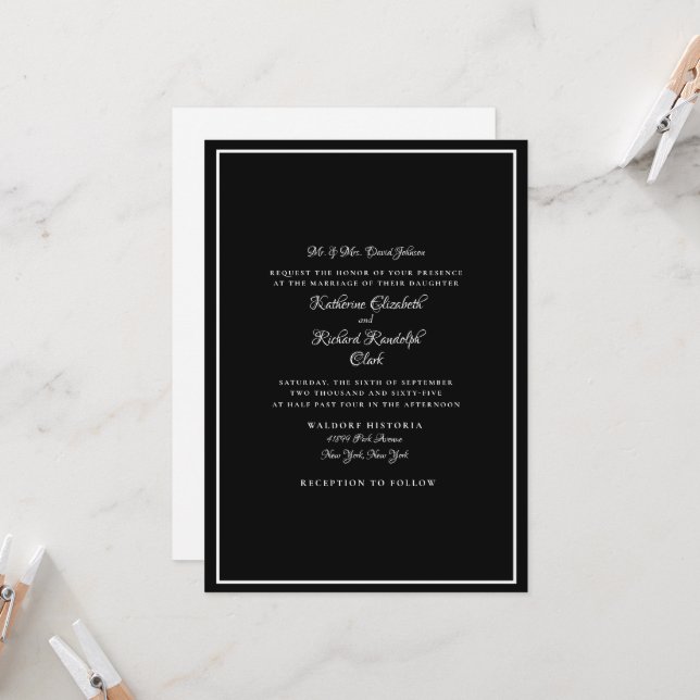 Formal Black Wedding Bride One Venue Bride Parents Invitation (Front/Back In Situ)