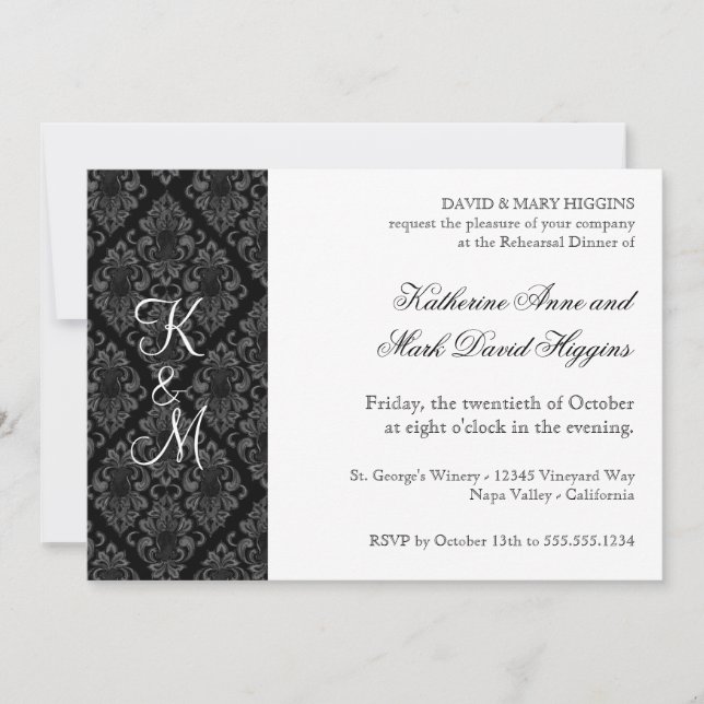 Formal Black White Damask Rehearsal Dinner Invites (Front)