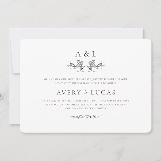 Formal Black White Elegant Classic Minimal Wedding Invitation (Front)