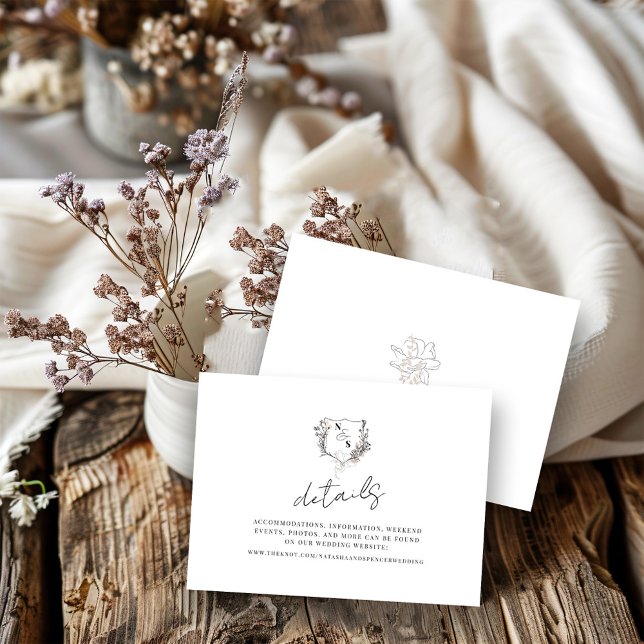 Formal Black/White Floral Crest Monogram Wedding Enclosure Card (Creator Uploaded)