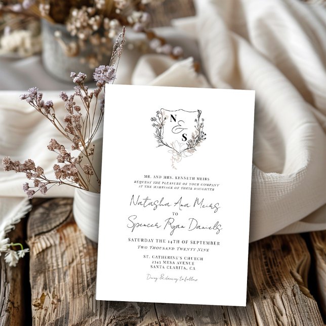 Formal Black/White Floral Crest Monogram Wedding Invitation (Creator Uploaded)