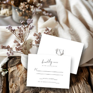 Formal Black/White Floral Crest Monogram Wedding RSVP Card