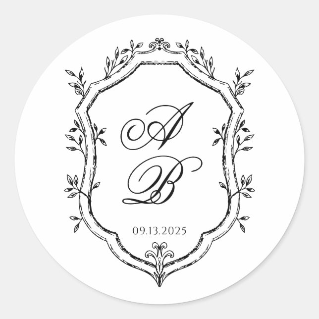Formal Black & White Floral Monogram Crest Wedding Classic Round Sticker (Front)