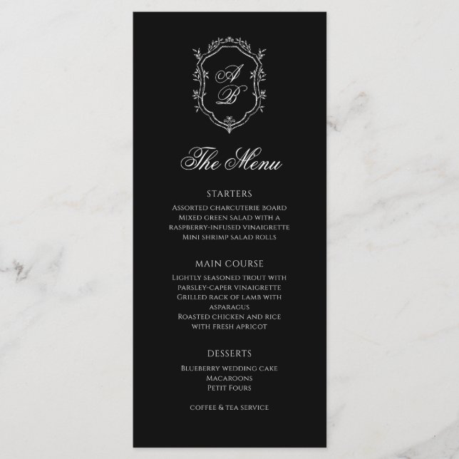 Formal Black & White Floral Monogram Crest Wedding Menu (Front)