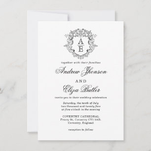 Formal Black & White Leafy Crest Monogram Wedding Invitation