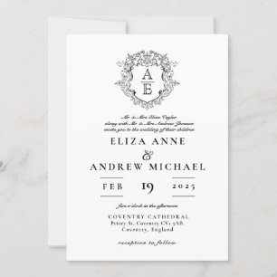 Formal Black & White Leafy Crest Monogram Wedding Invitation