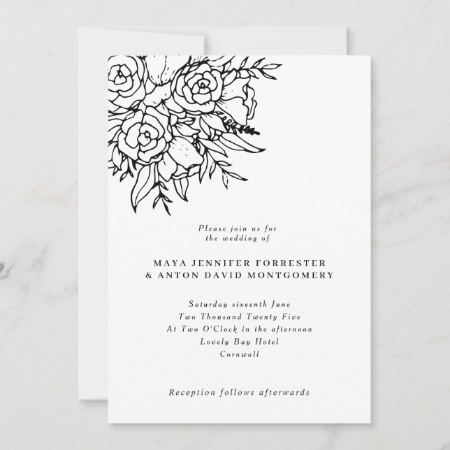 Formal Black & White Line Art Floral Wedding Invitation (Front)