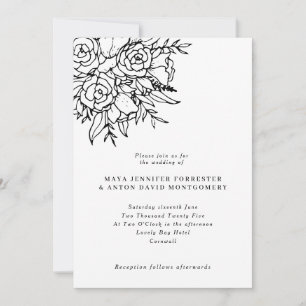 Formal Black & White Line Art Floral Wedding Invitation