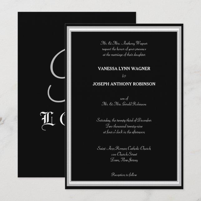 Formal Black White Monogram  Invitation (Front/Back)
