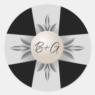 Formal Black & White Monogram Pearl Ribbon Wedding Classic Round Sticker
