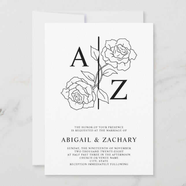 Formal Black & White Monogram Wedding Invitation (Front)
