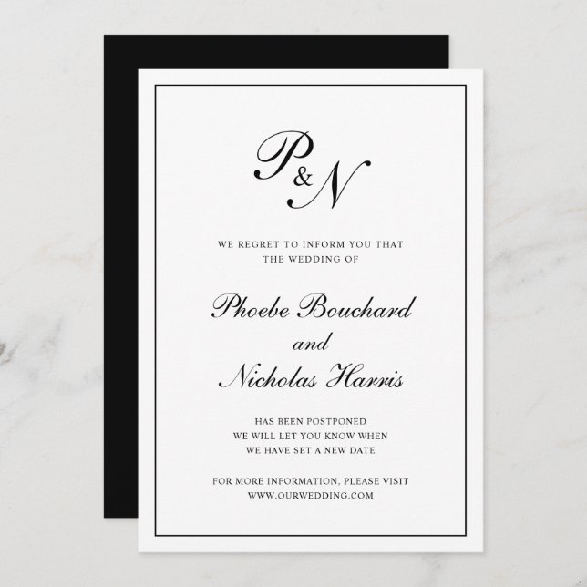 Formal Black White Monogram Wedding Postponement Invitation (Front/Back)