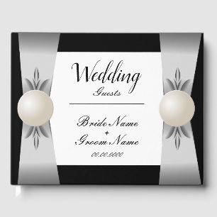 Formal Black & White Pearl Ribbon Wedding Guest Book