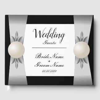 Formal Black & White Pearl Ribbon Wedding Guest Book