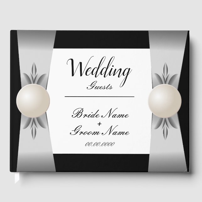 Formal Black & White Pearl Ribbon Wedding Guest Book (Front)