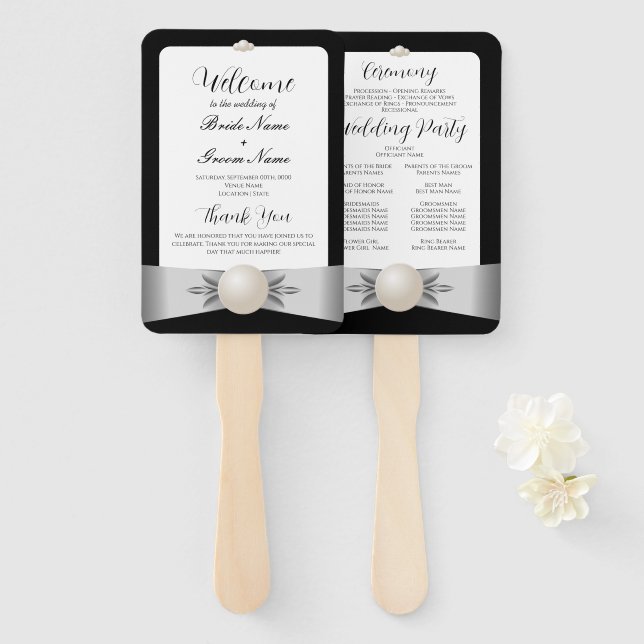 Formal Black & White Pearl Ribbon Wedding Program Hand Fan (Front and Back)